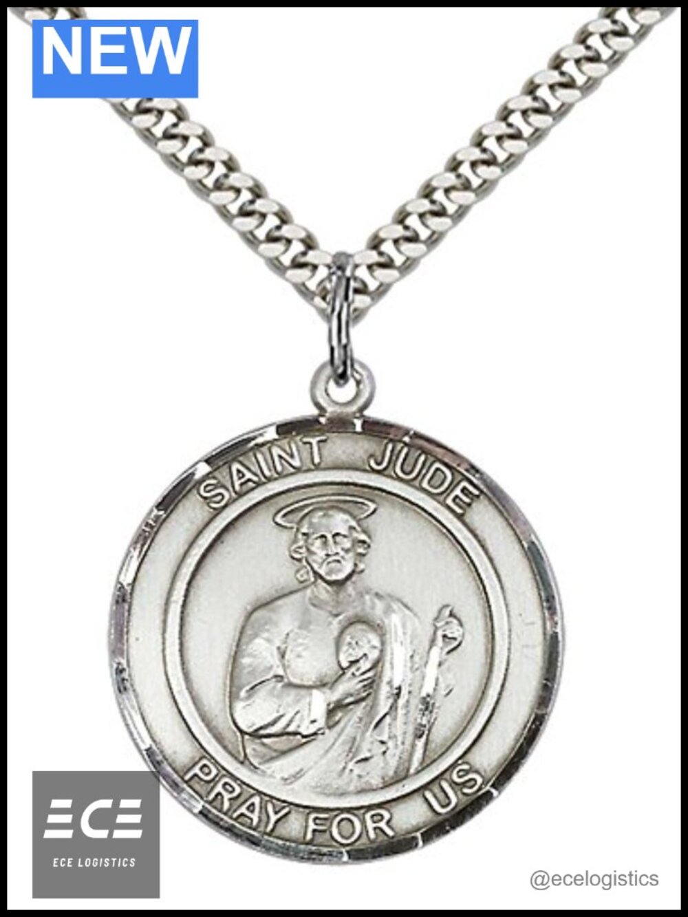 Sterling Silver St Jude Pendant Necklace 24" Stainless Steel Curb Chain